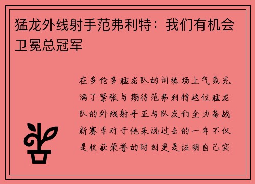 猛龙外线射手范弗利特：我们有机会卫冕总冠军