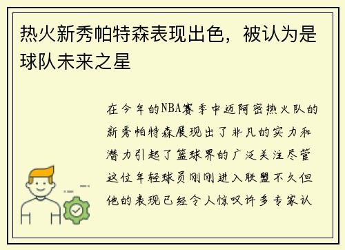 热火新秀帕特森表现出色，被认为是球队未来之星